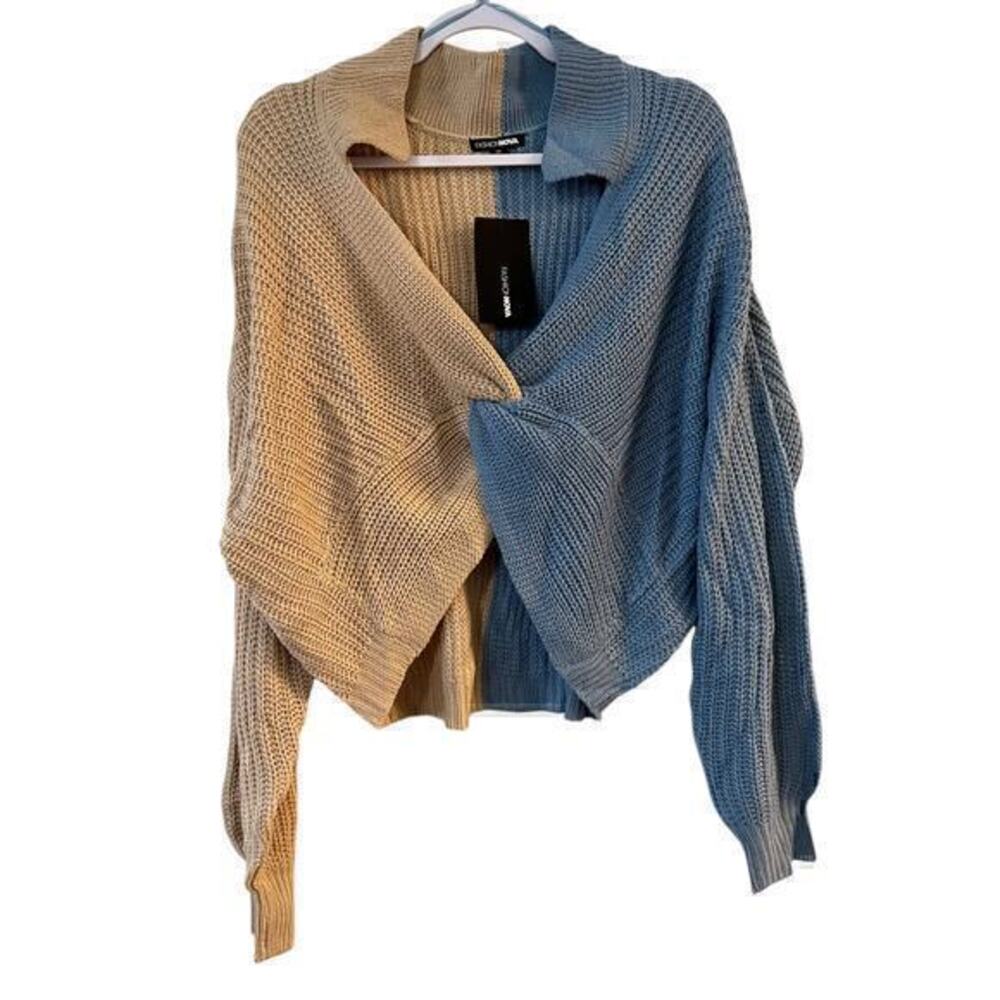 C7 Fashion Nova color block tire front sweater dolman 2X NWT cornflower blue tan